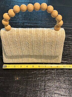 Ivory Woven Clutch with Wood Bead Handle & Chain
